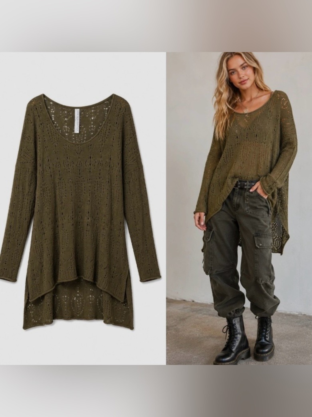 Free People New Romantics Crochet Long Sleeve Oversized Slouchy Green Sweater M